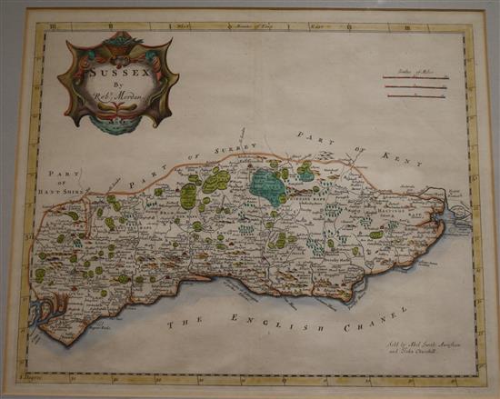 Robert Morden, a coloured engraving, Map of Sussex & a London to Newhaven road map, Sussex 34 x 43cm